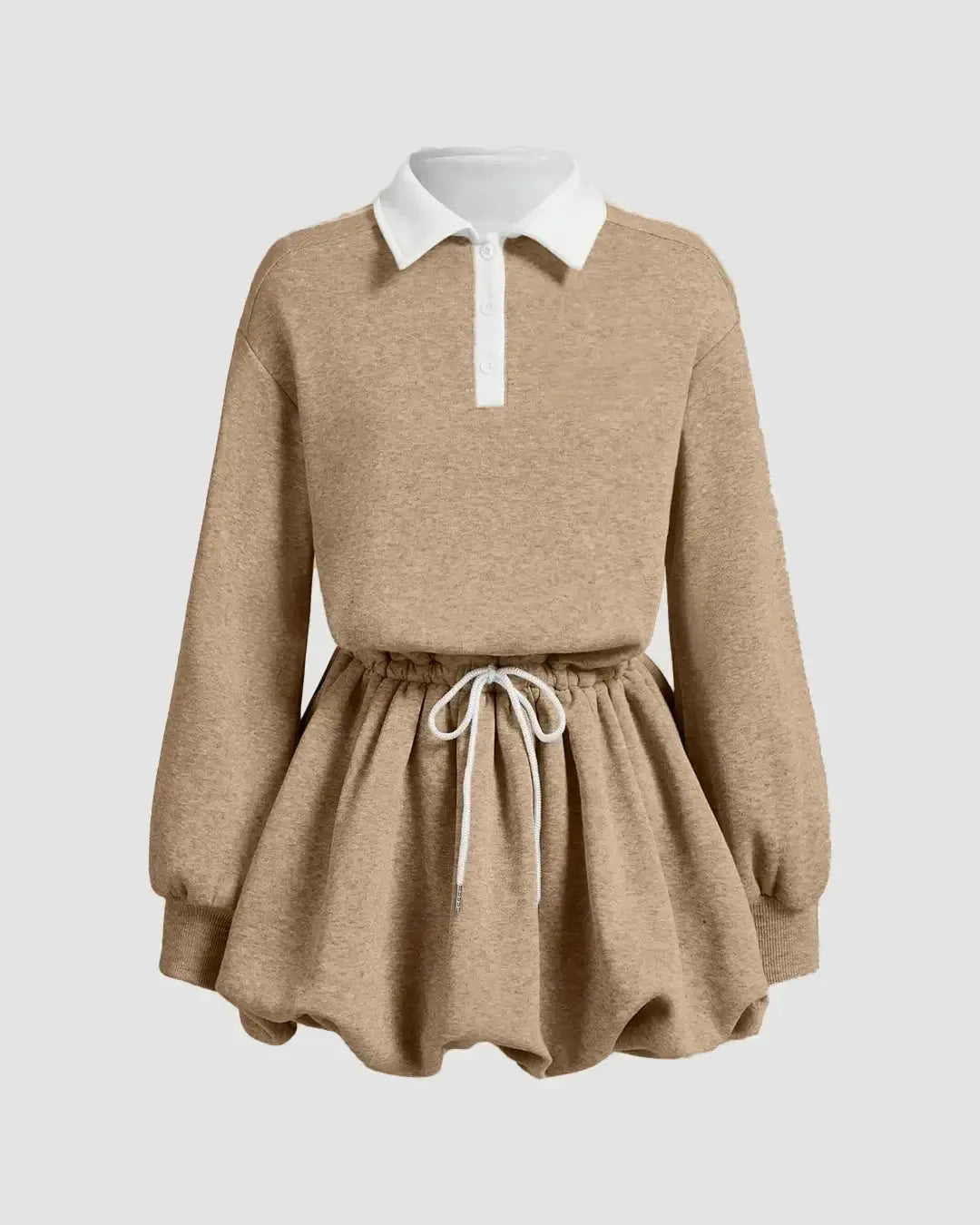 Lapel Contrast Brown Sports Bud-Shaped Bubble Long-Sleeved Dress