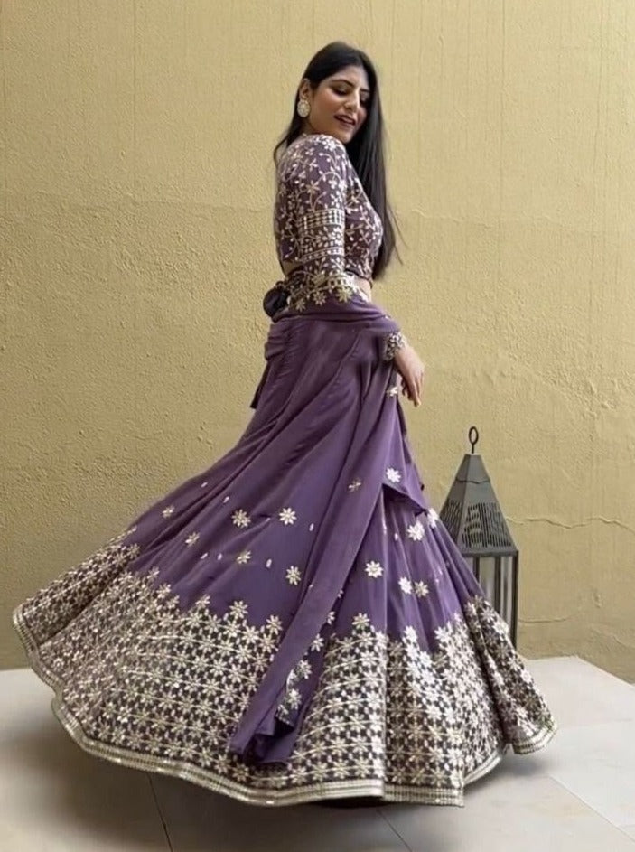Latest Dusty Purple Georgette Sequence Embroidered Wedding Lehenga Choli