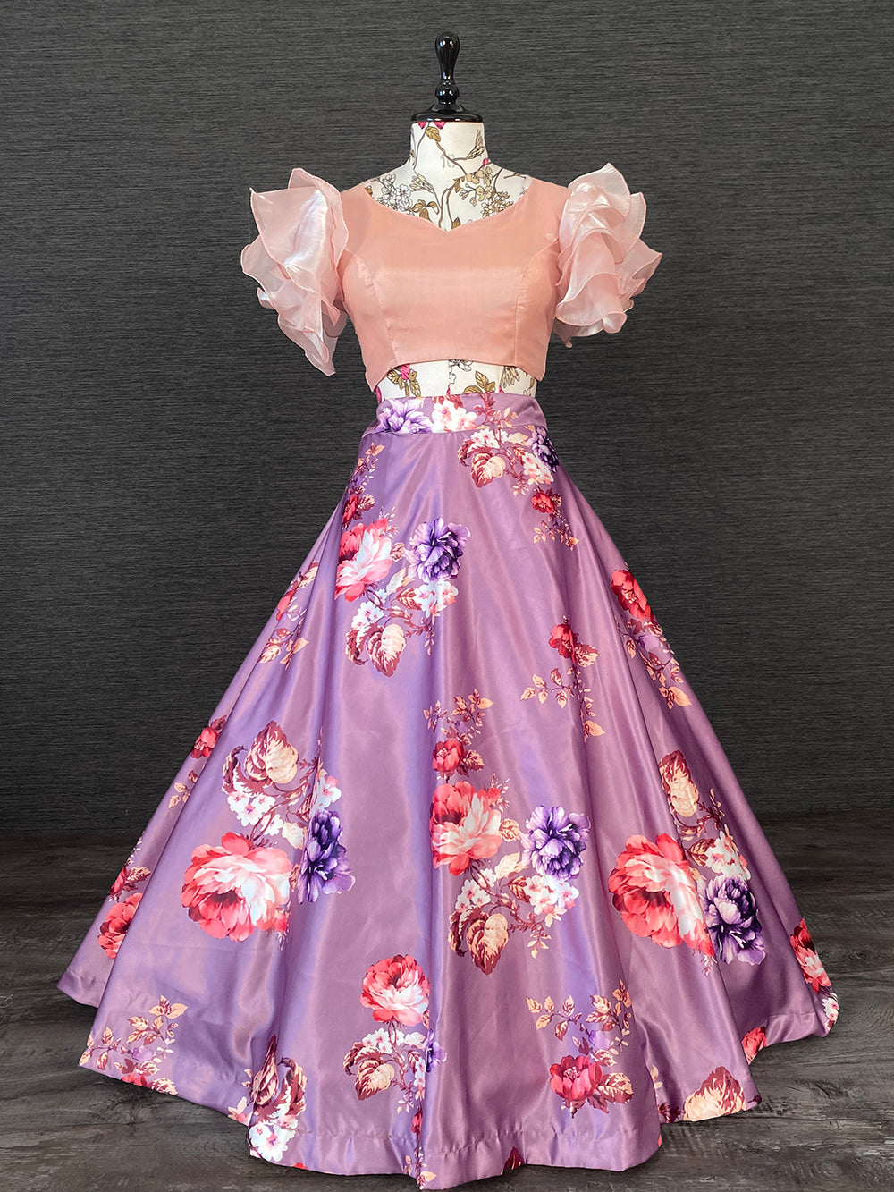 Lavender Color Heavy Dull Satin Floral Digital Printed Lehenga With Varisa Silk Choli