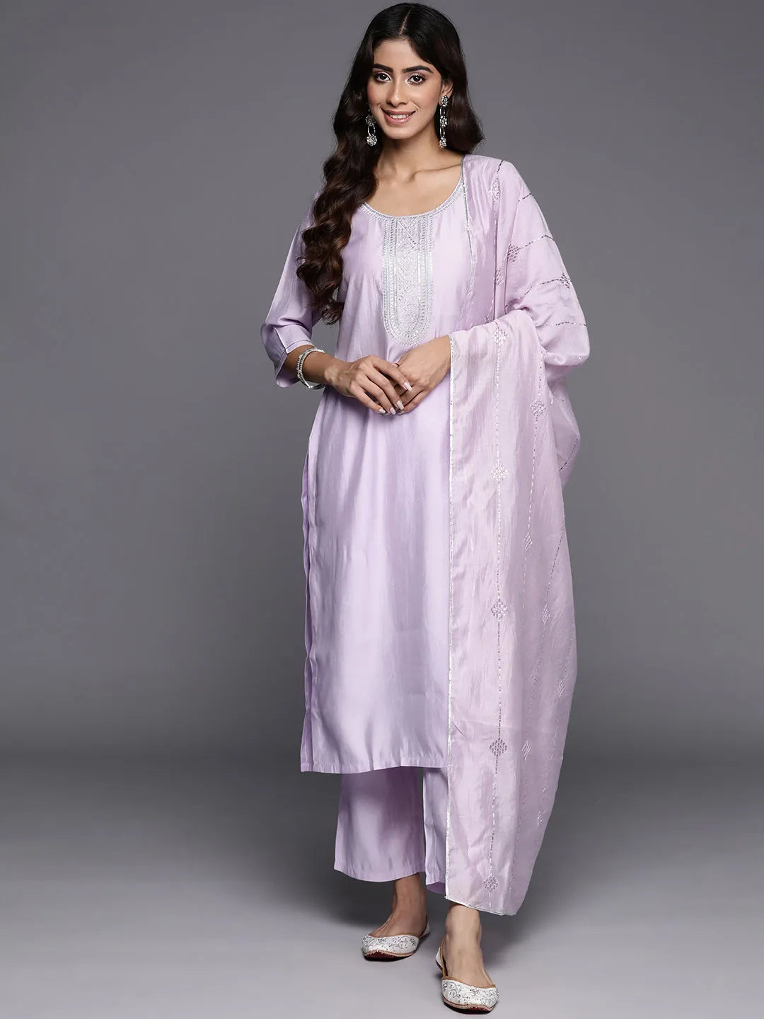 Anouk Lavender Yoke Design Silk Blend Straight Suit With Dupatta