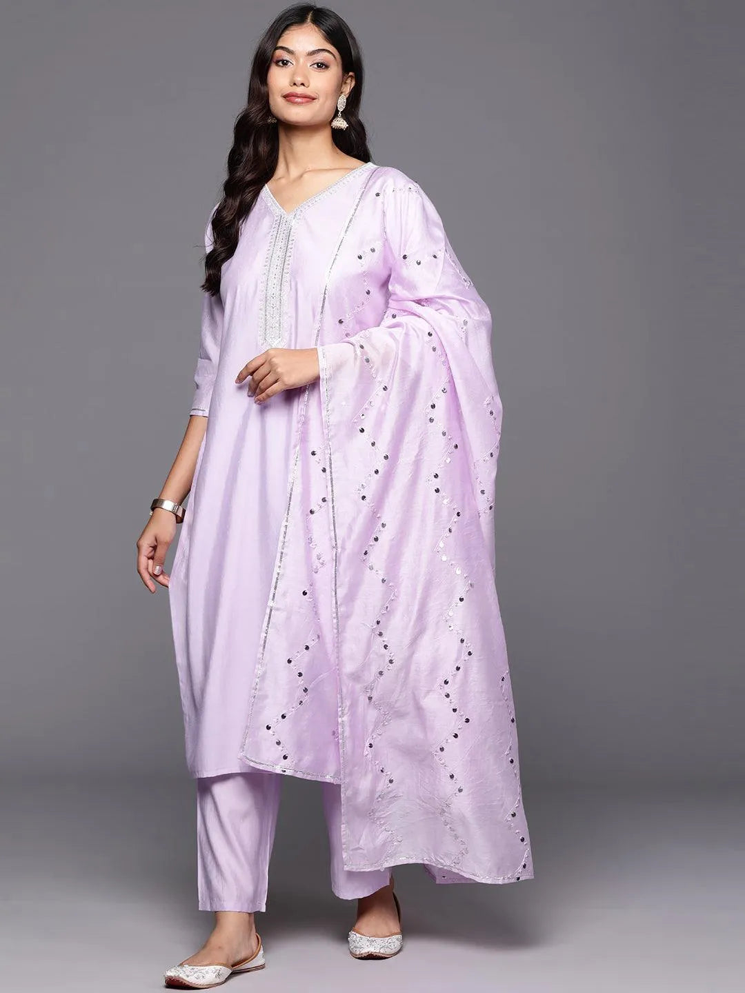 Anouk Lavender Yoke Design Silk Blend Straight Suit With Dupatta