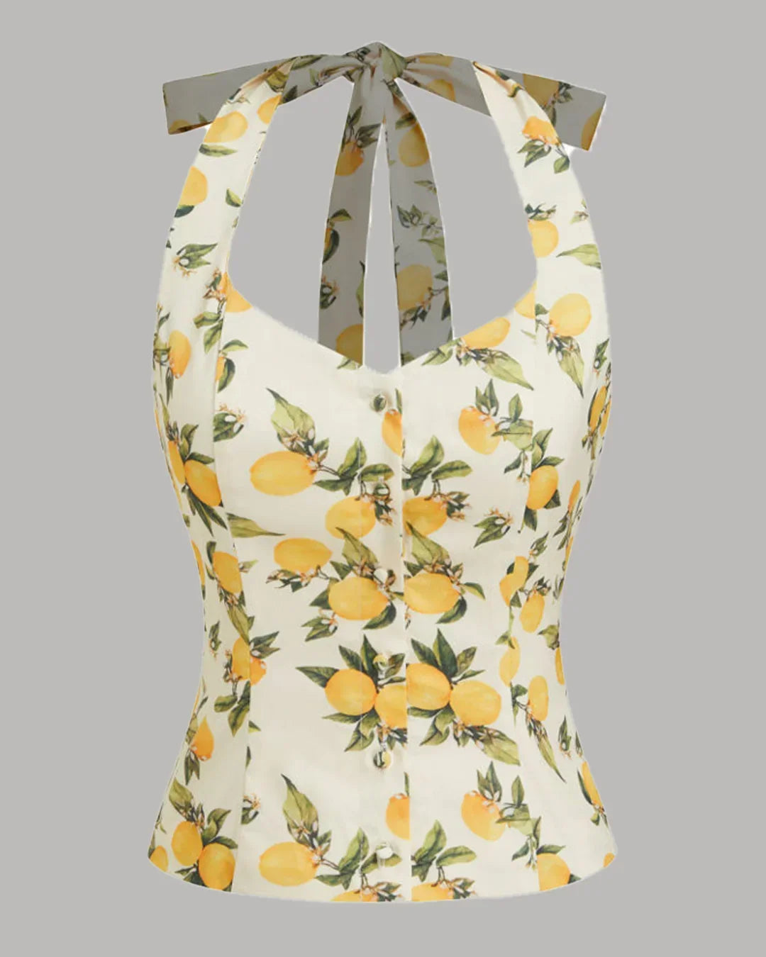 Lemon Print Ruched Halter Neck Top