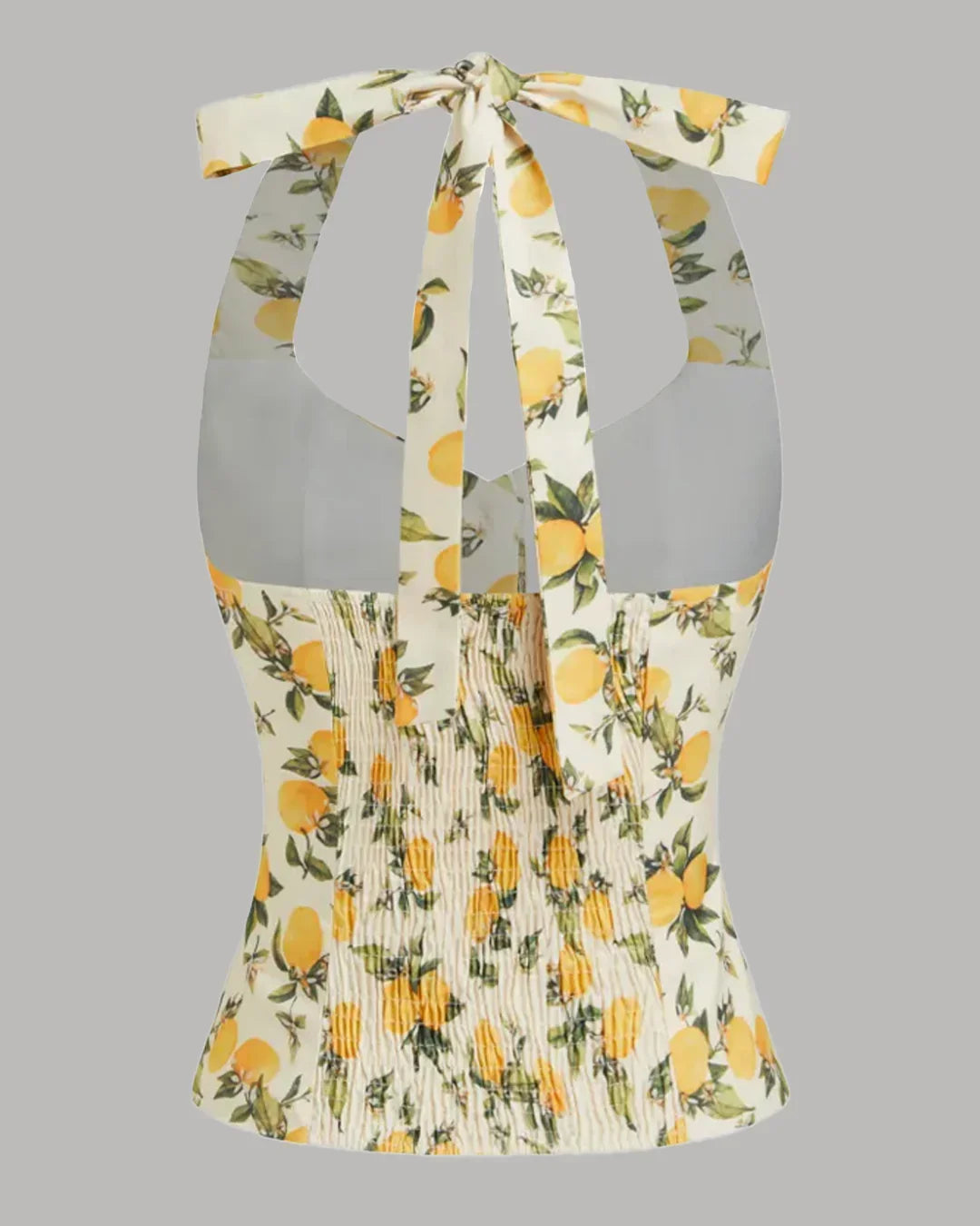 Lemon Print Ruched Halter Neck Top
