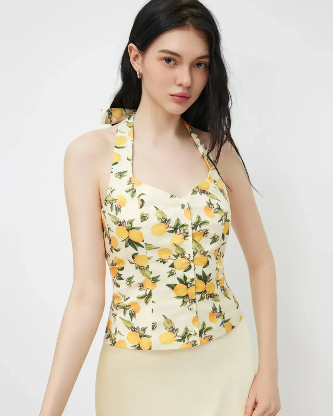 Lemon Print Ruched Halter Neck Top
