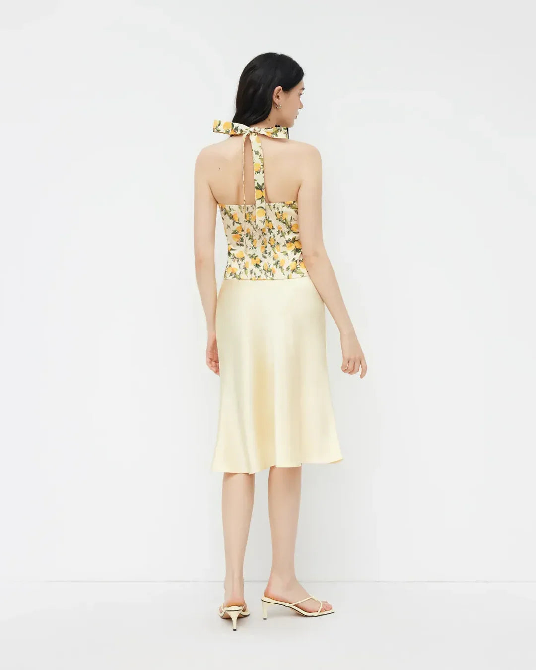 Lemon Print Ruched Halter Neck Top