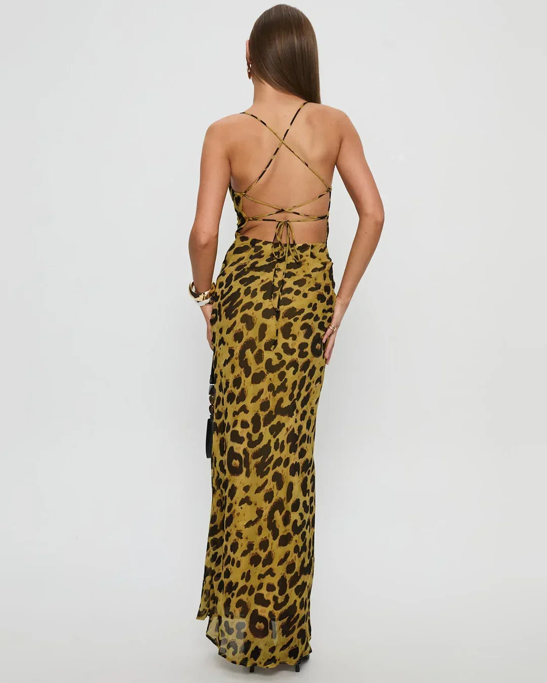 Leopard Print Backless Strappy Maxi Dress