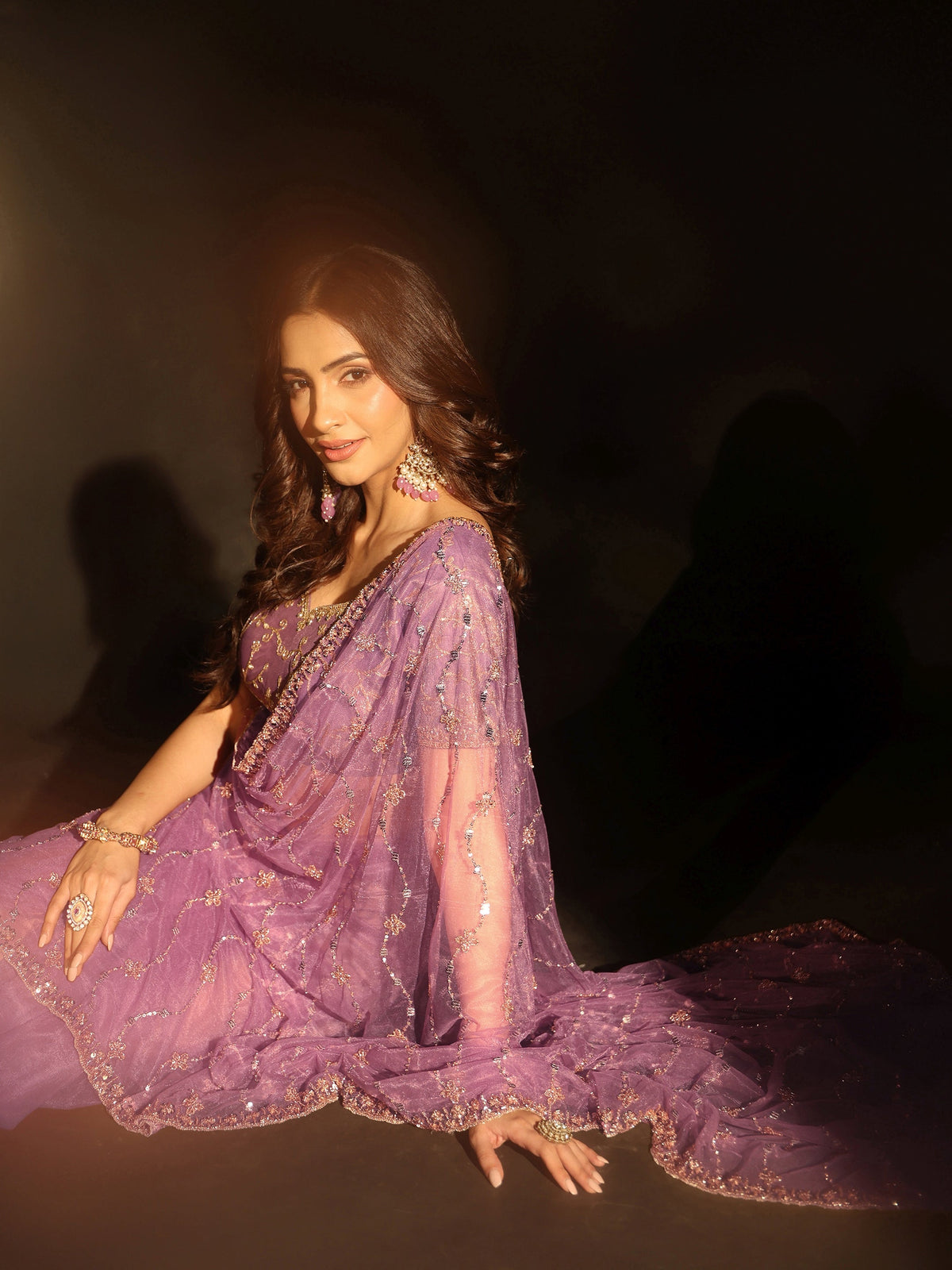Anouk Amethyst Purple Embellished Wavy Pattern Net Saree