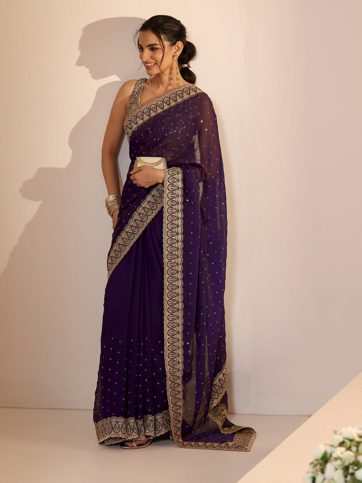 Anouk Amethyst Purple Tissue Saree with Floral Embellishments
