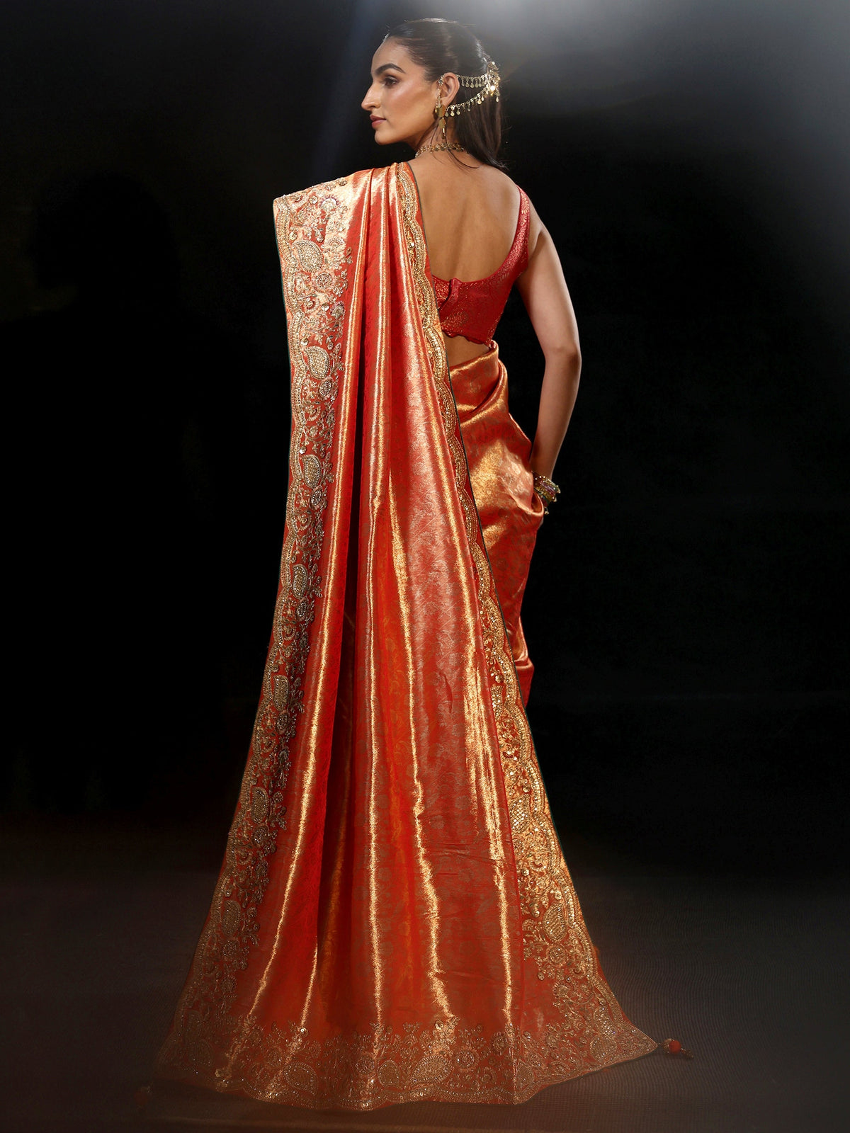 Anouk Apricot Orange Woven Design Satin Saree with Embellished Border