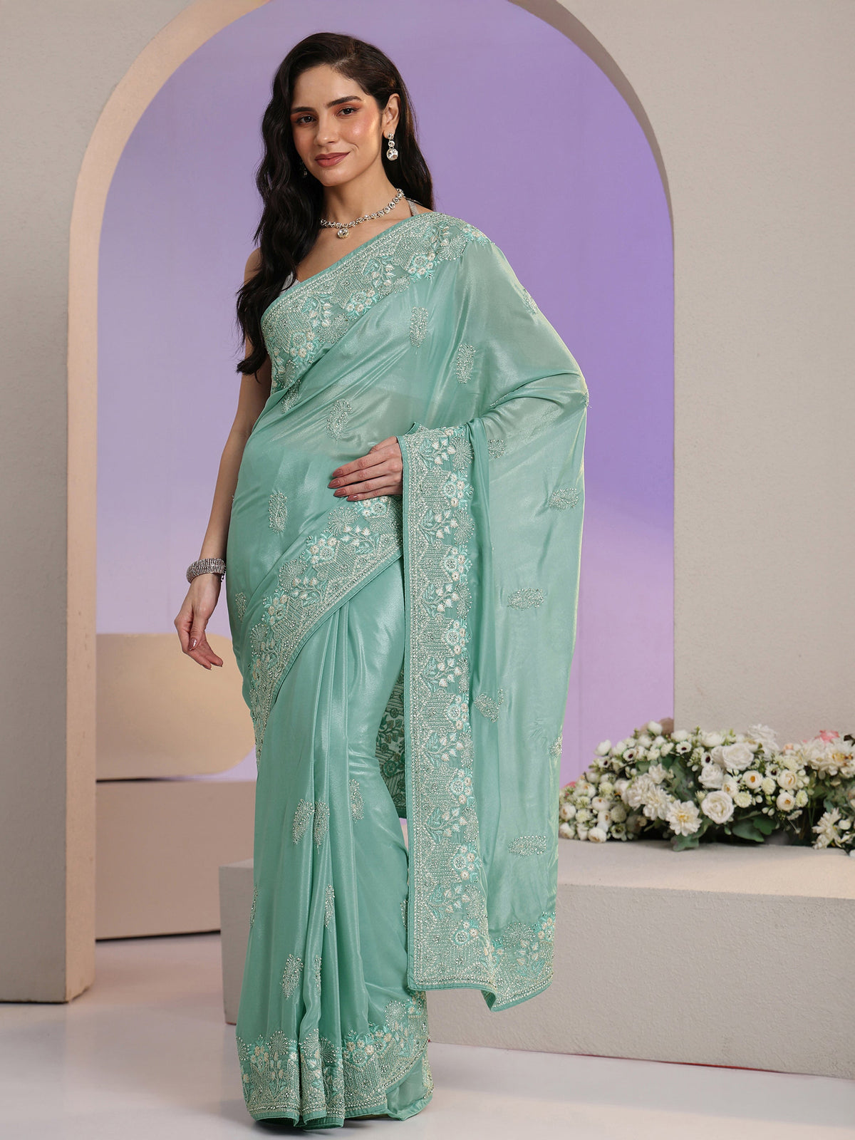 Anouk Aqua Blue Embroidered Satin Saree