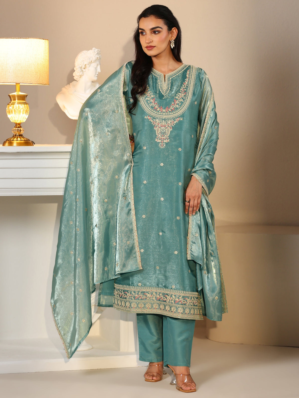 Anouk Aqua Blue Ethnic Embroidered Tissue Straight  Suit Set