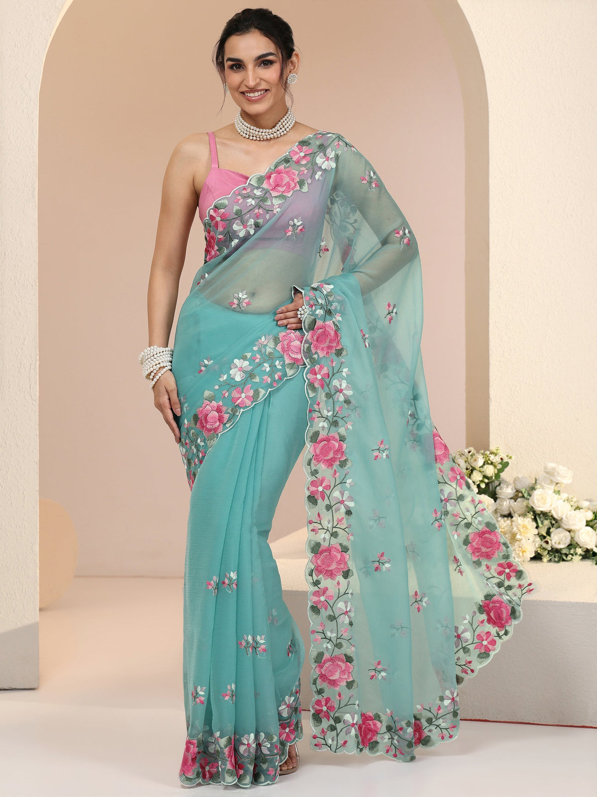 Anouk Aqua Blue Floral Embroidered Chiffon Saree with Scalloped Border