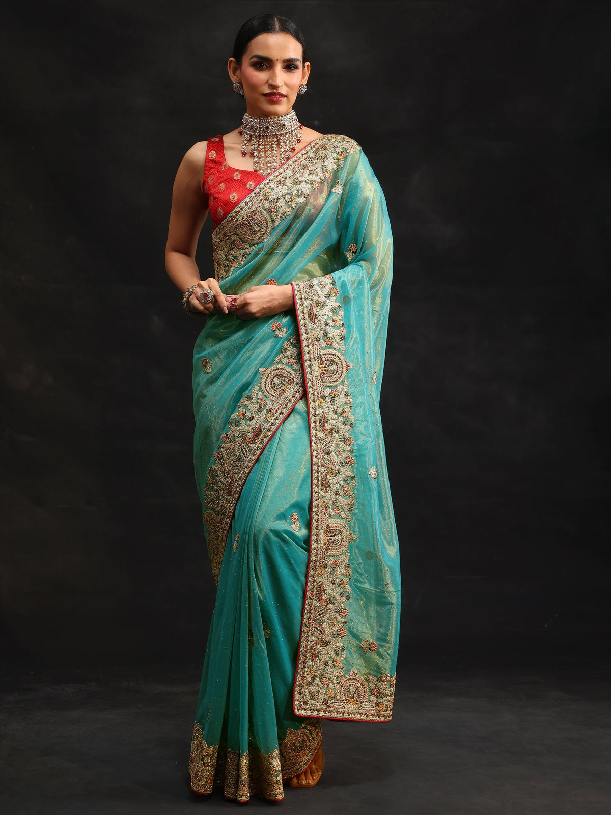 Anouk Aqua Blue Floral Embroidered Net Saree