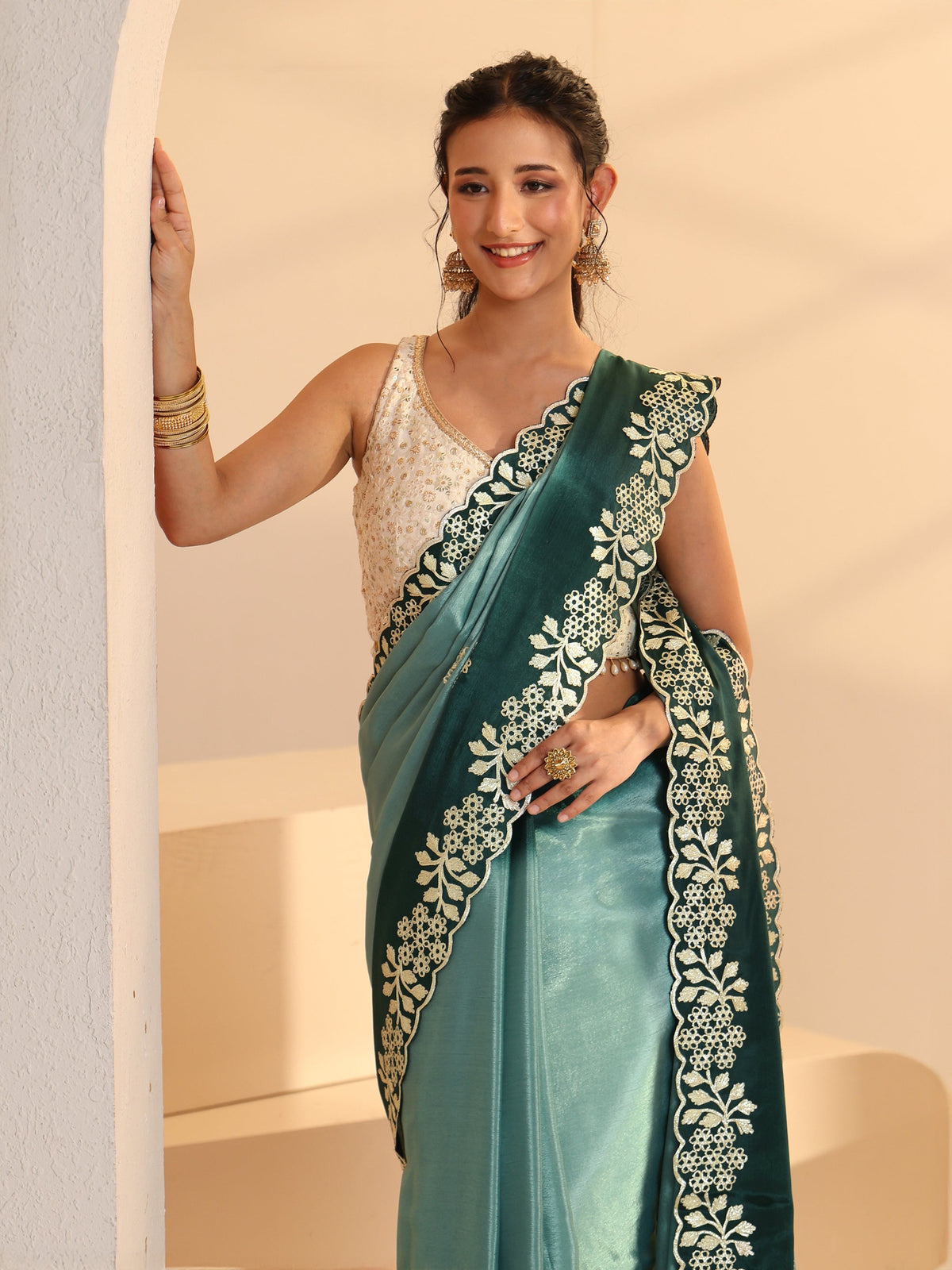 Anouk Aqua Blue Floral Embroidered Ombre Silk Blend Saree
