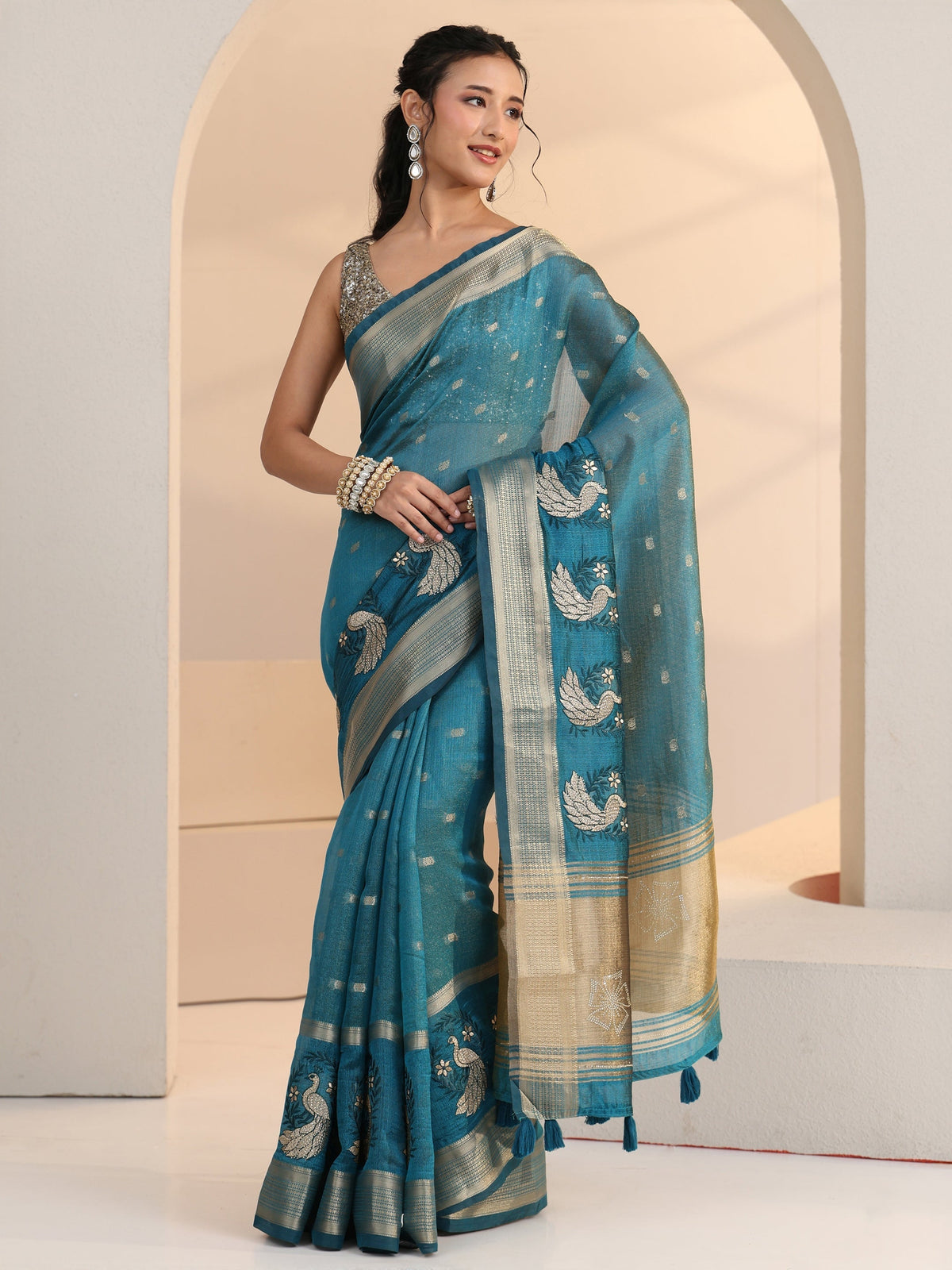 Anouk Aqua Blue Peacock Motif Chanderi Silk Saree