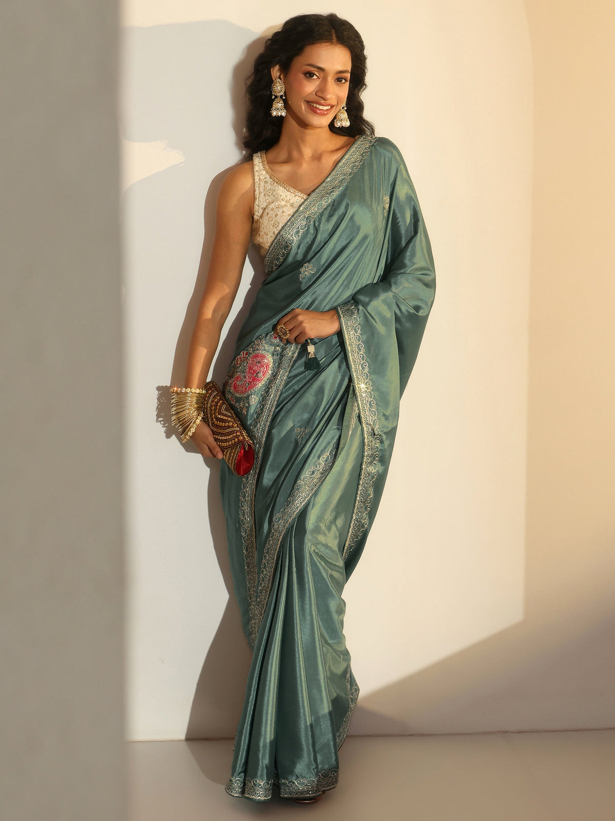 Anouk Aqua Green Embroidered Silk Blend Saree
