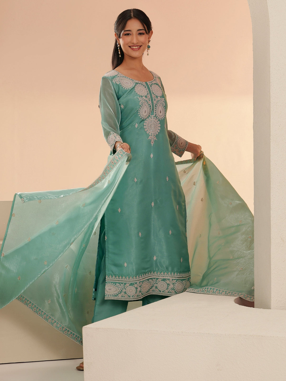 Anouk Arctic Blue Embroidered Tissue Straight Suit Set