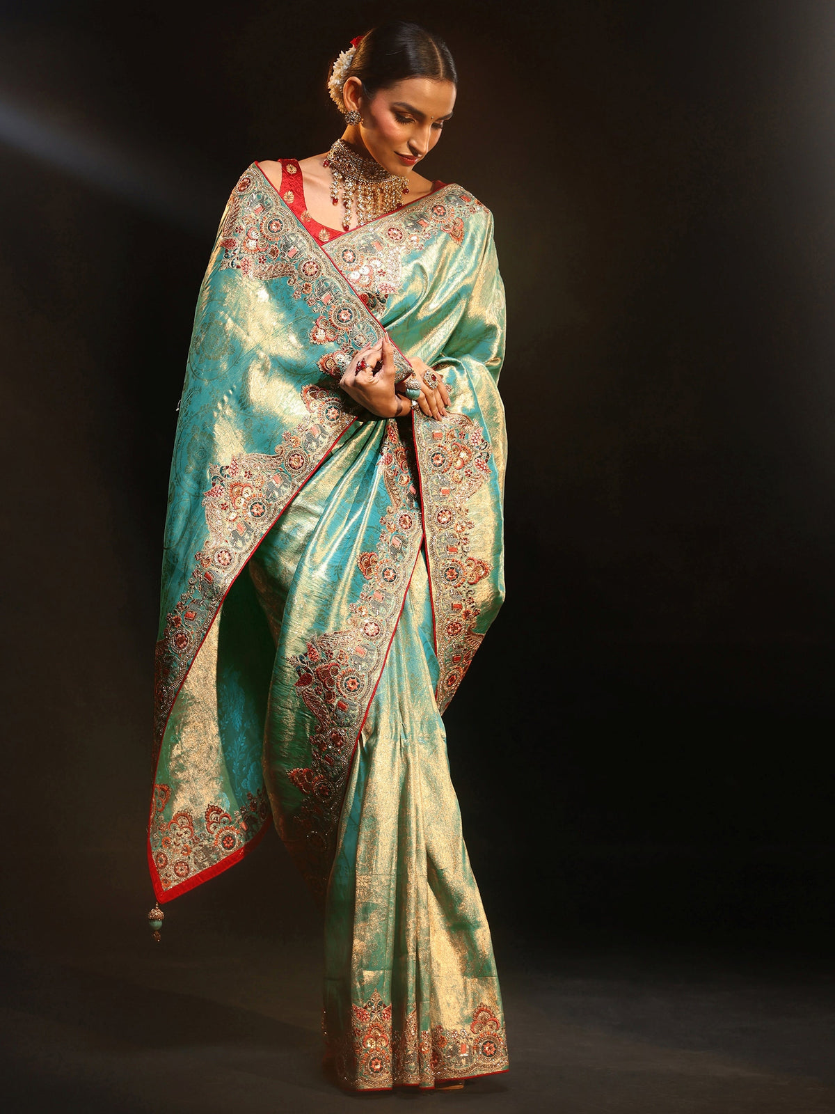 Anouk Art Aqua Blue Woven Design Saree with Embroidered Border