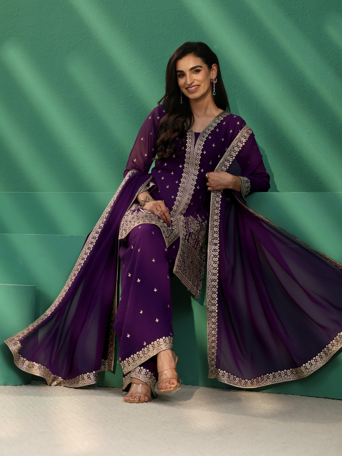 Anouk Art Aubergine Purple Embellished Georgette Palazzo Suit Set