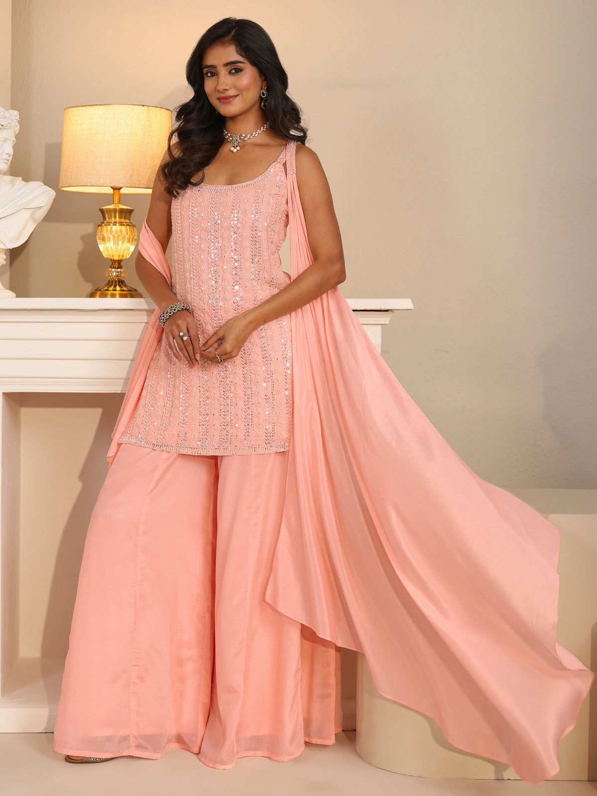 Anouk Art Baby Pink Embellished Strappy Chinon Palazzo Suit Set