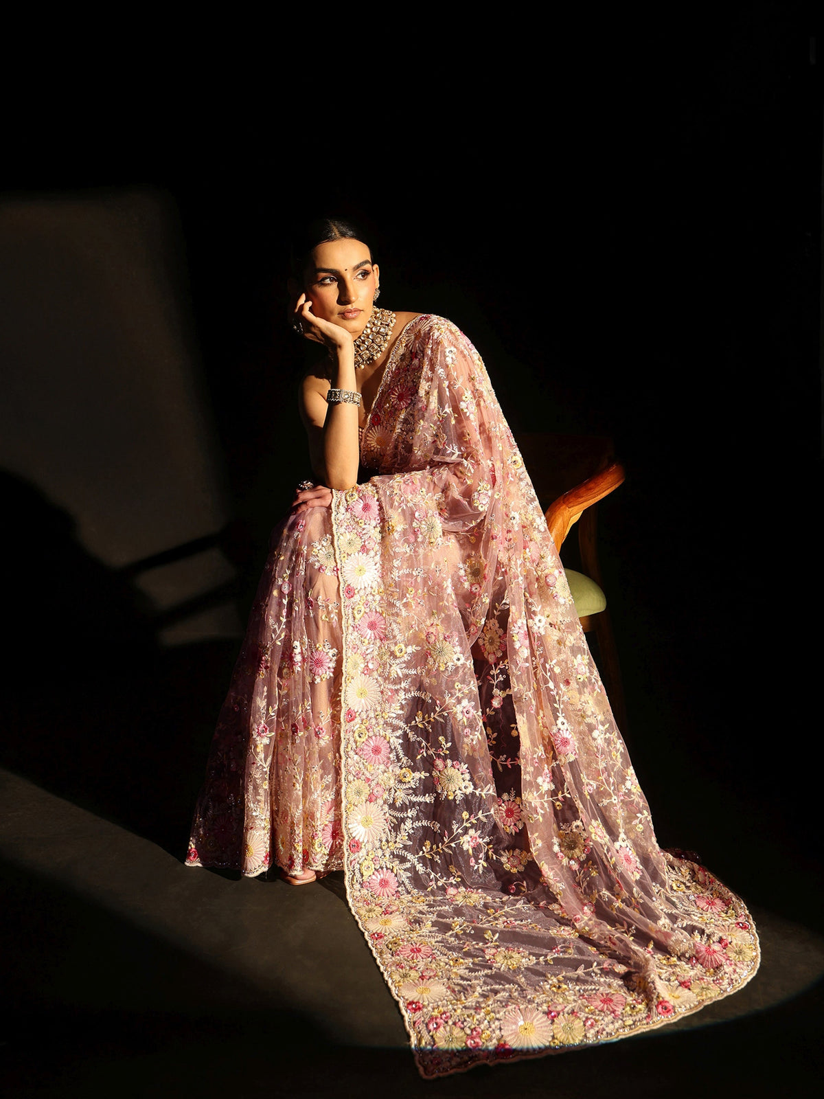 Anouk Art Baby Pink Floral Embroidered Net Saree