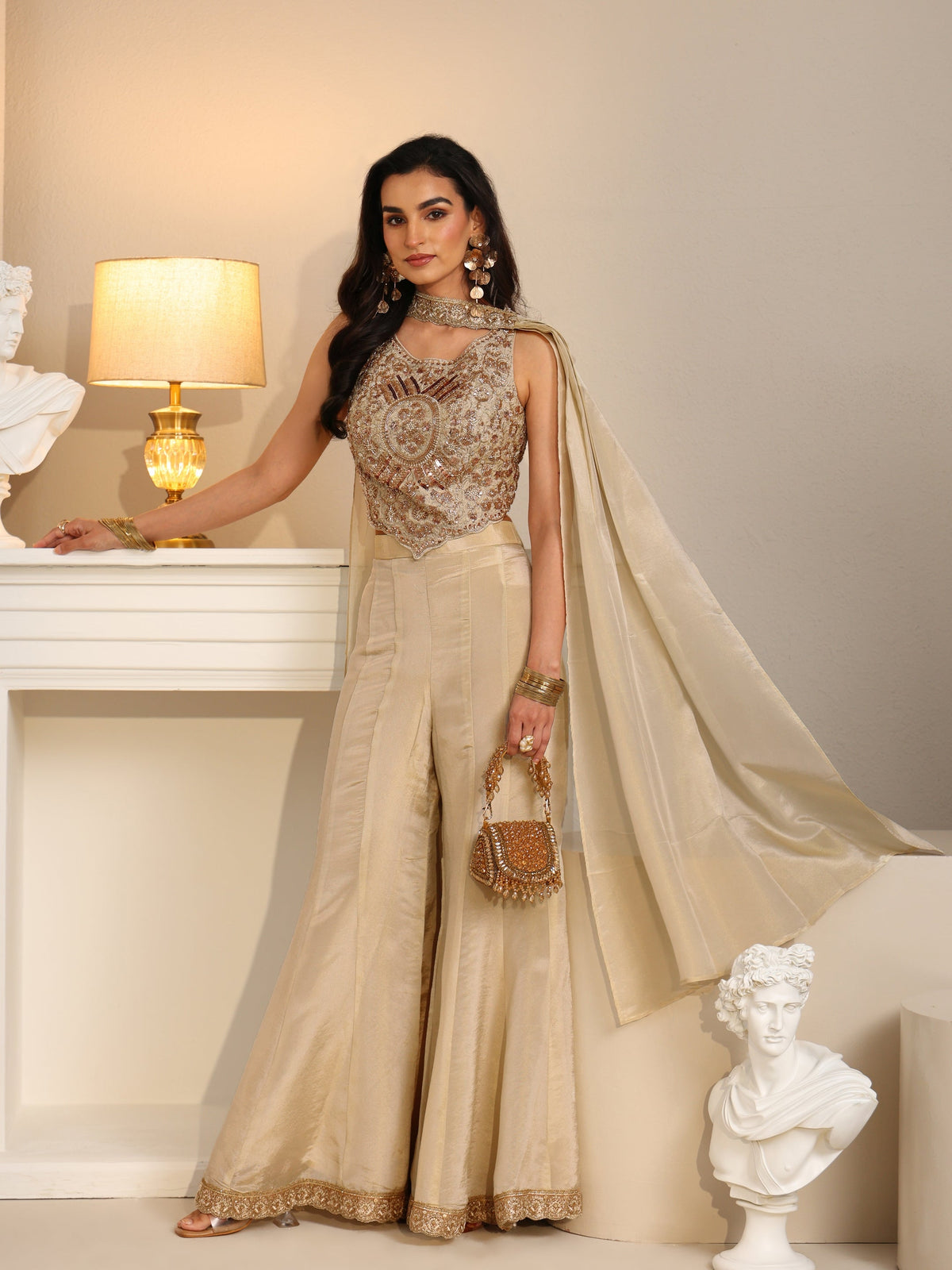 Anouk Art Beige Embellished Tissue Crop Top and Palazzo Suit Set