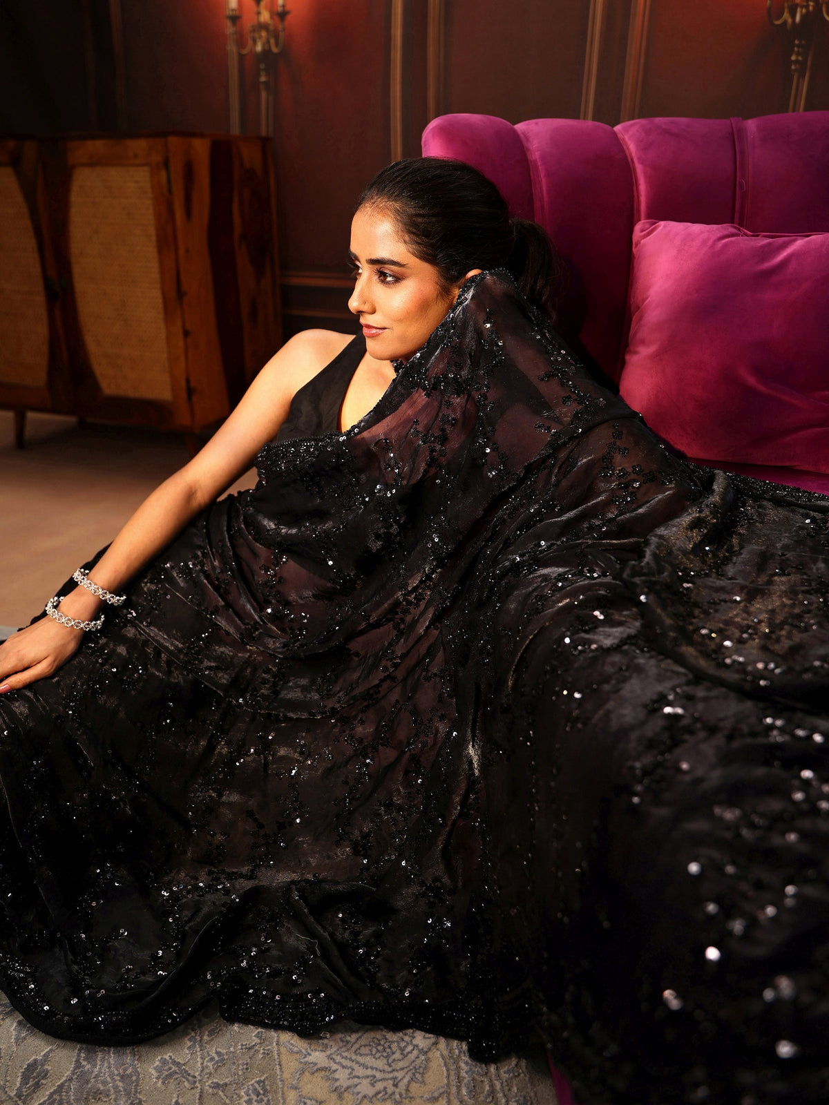 Anouk Art Black Embellished Tissue Saree