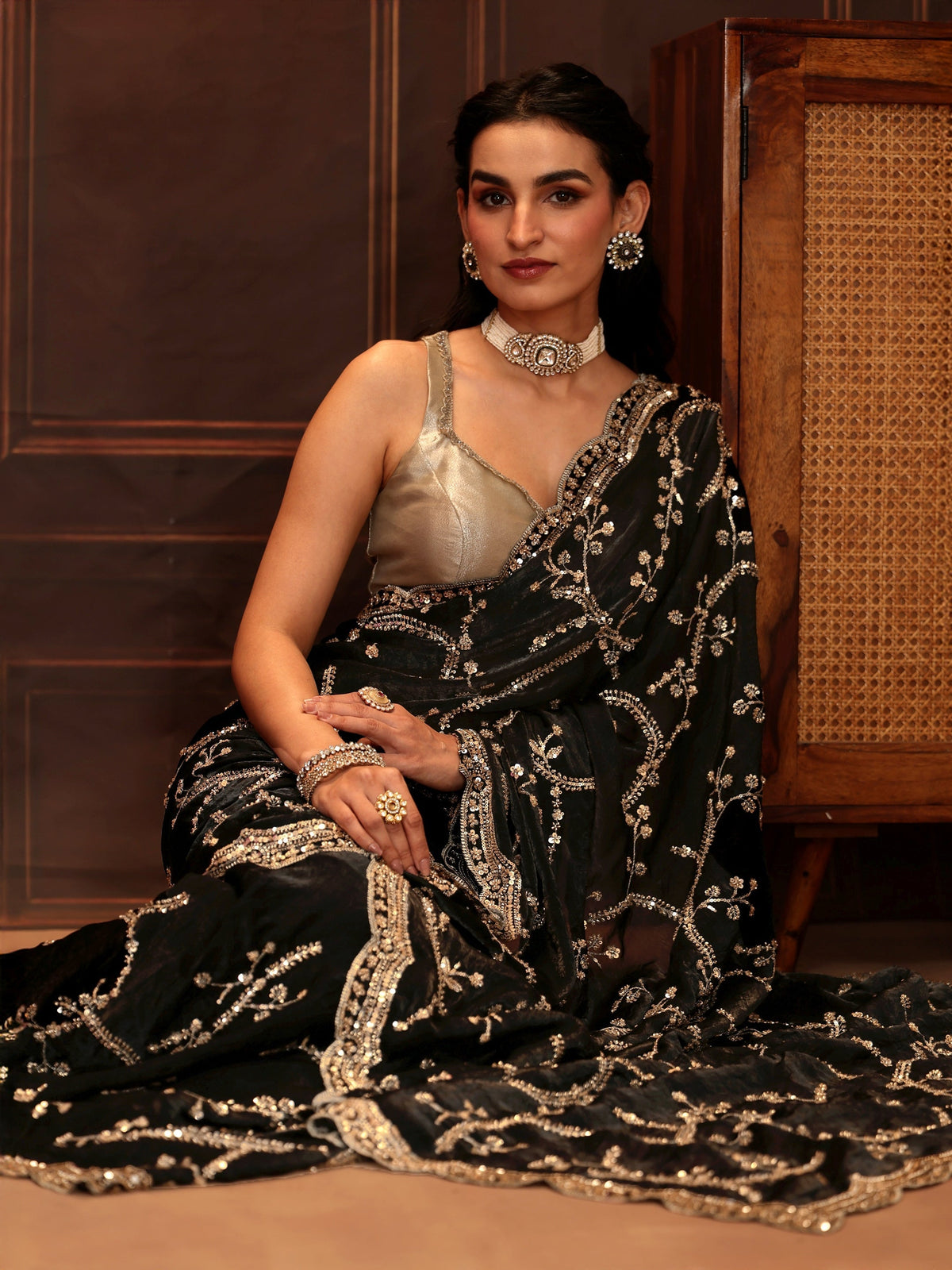Anouk Art Black Embellished Tissue Saree