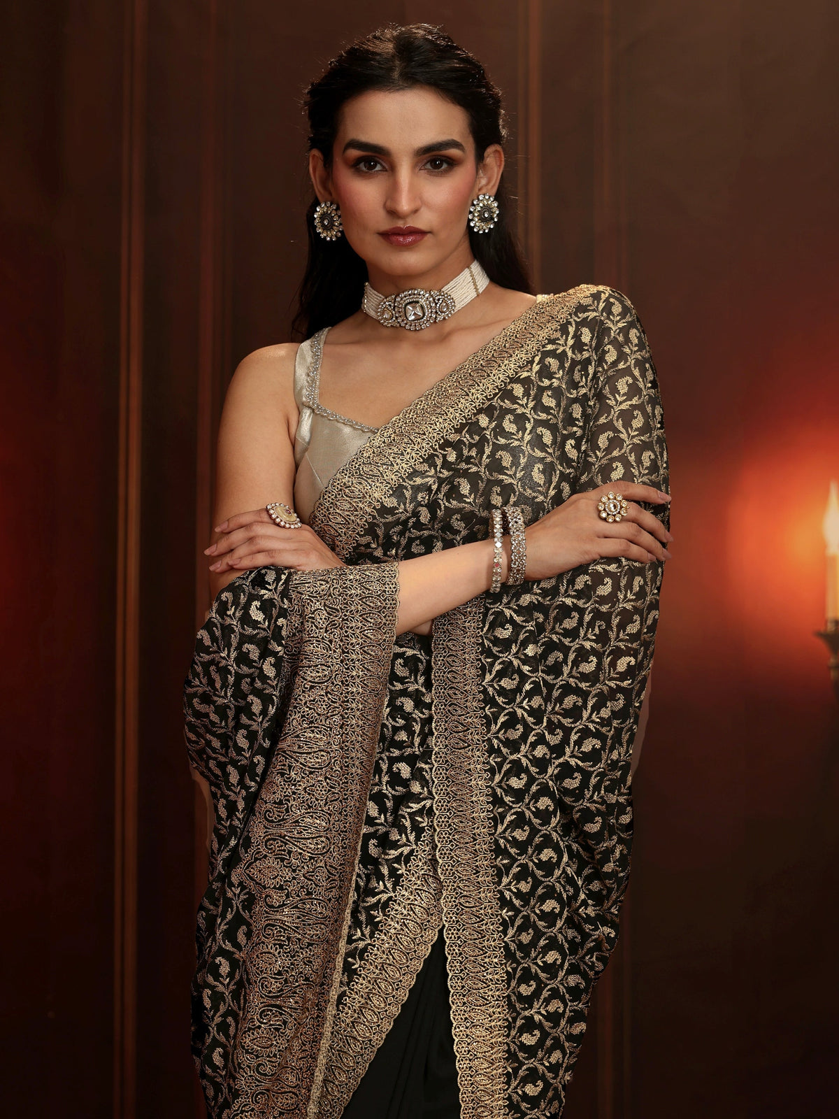 Anouk Art Black Embroidered Georgette Saree