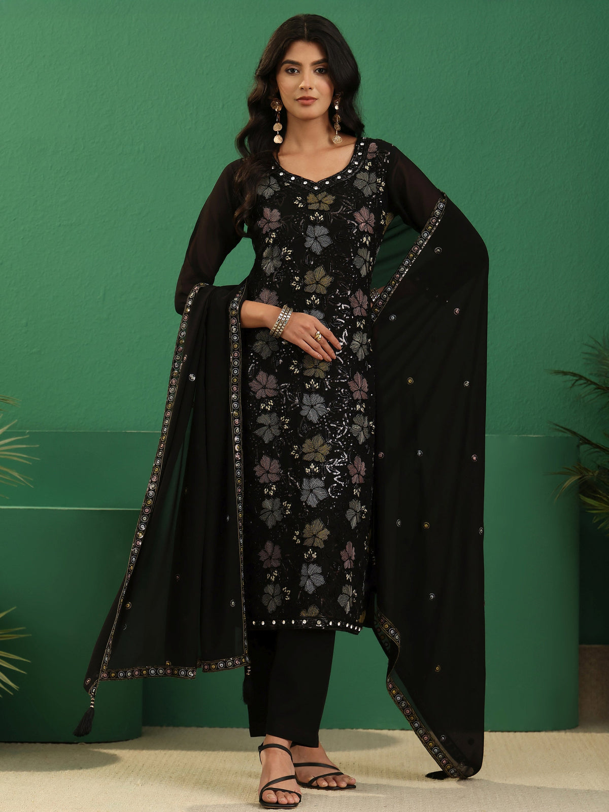 Anouk Art Black Floral Embellished Georgette Straight Suit Set
