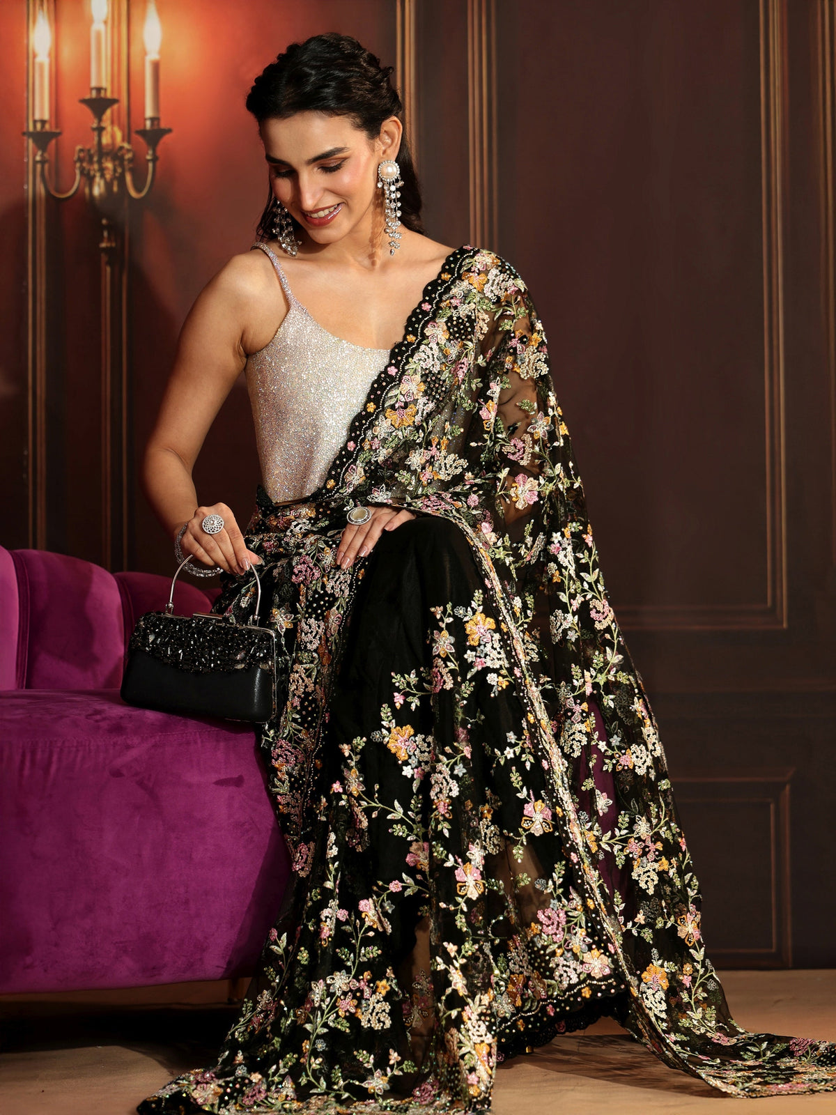 Anouk Art Black Floral Embroidered Net Saree