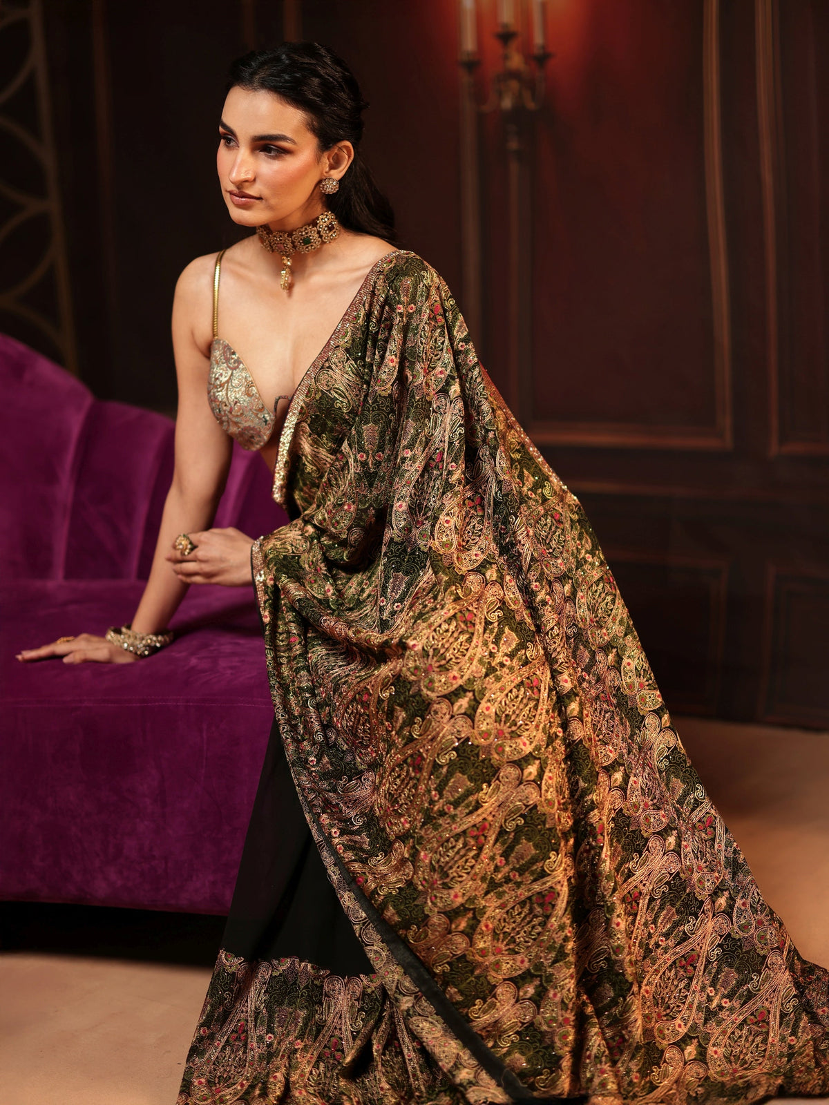 Anouk Art Black Paisley Embellished Georgette Saree