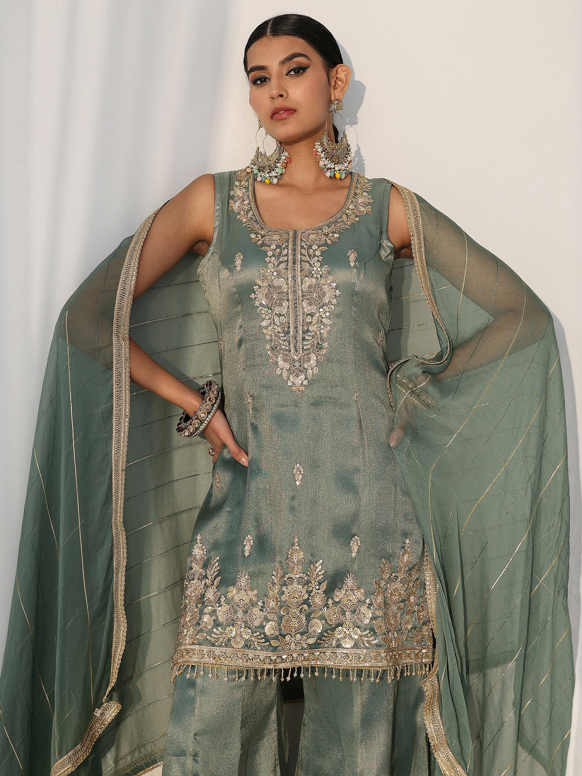 Anouk Art Blue Floral Embellished Sleeveless Tissue Sharara Suit Set