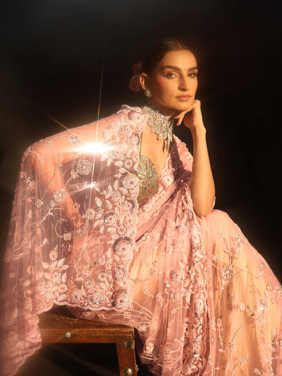 Anouk Art Blush Pink Bead and Sequin Embellished Floral Net Saree
