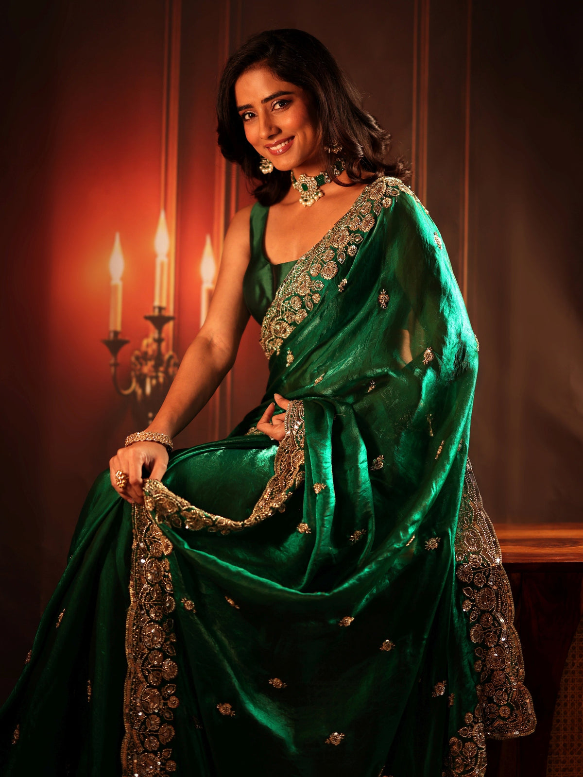 Anouk Art Bottle Green Embellished Tissue Saree