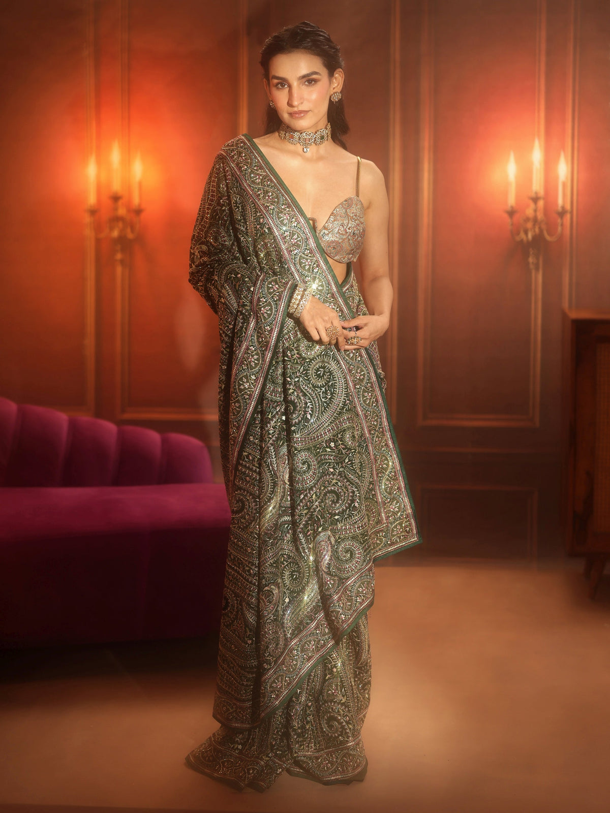 Anouk Art Bottle Green Embroidered Georgette Saree