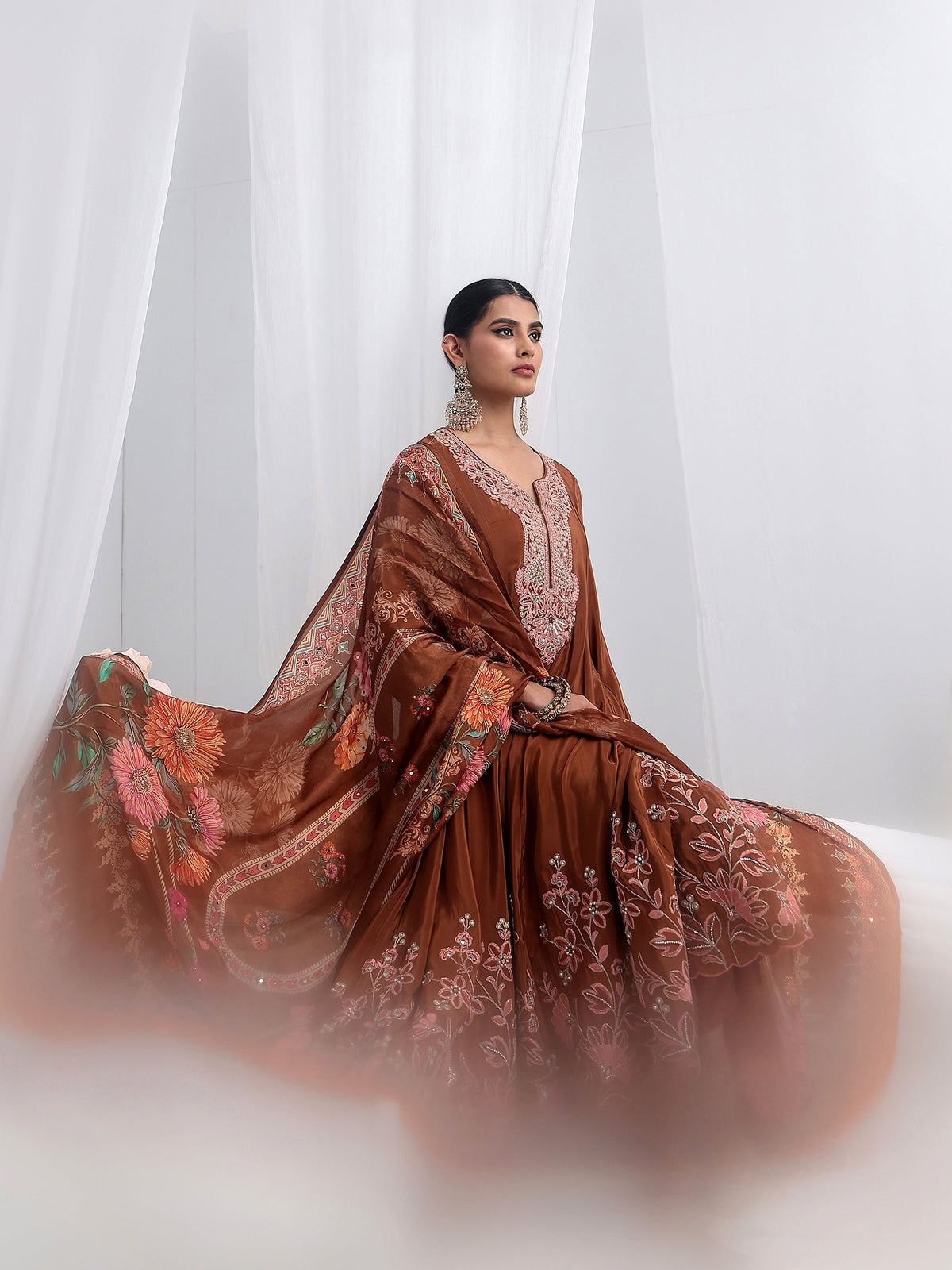 Anouk Art Brown Floral Embellished Crepe Anarkali Suit Set