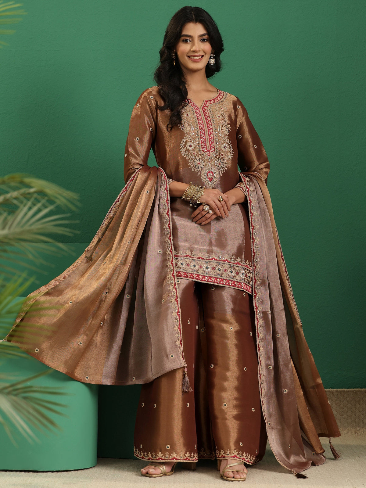 Anouk Art Brown Floral Embellished Silk Blend Palazzo Suit Set