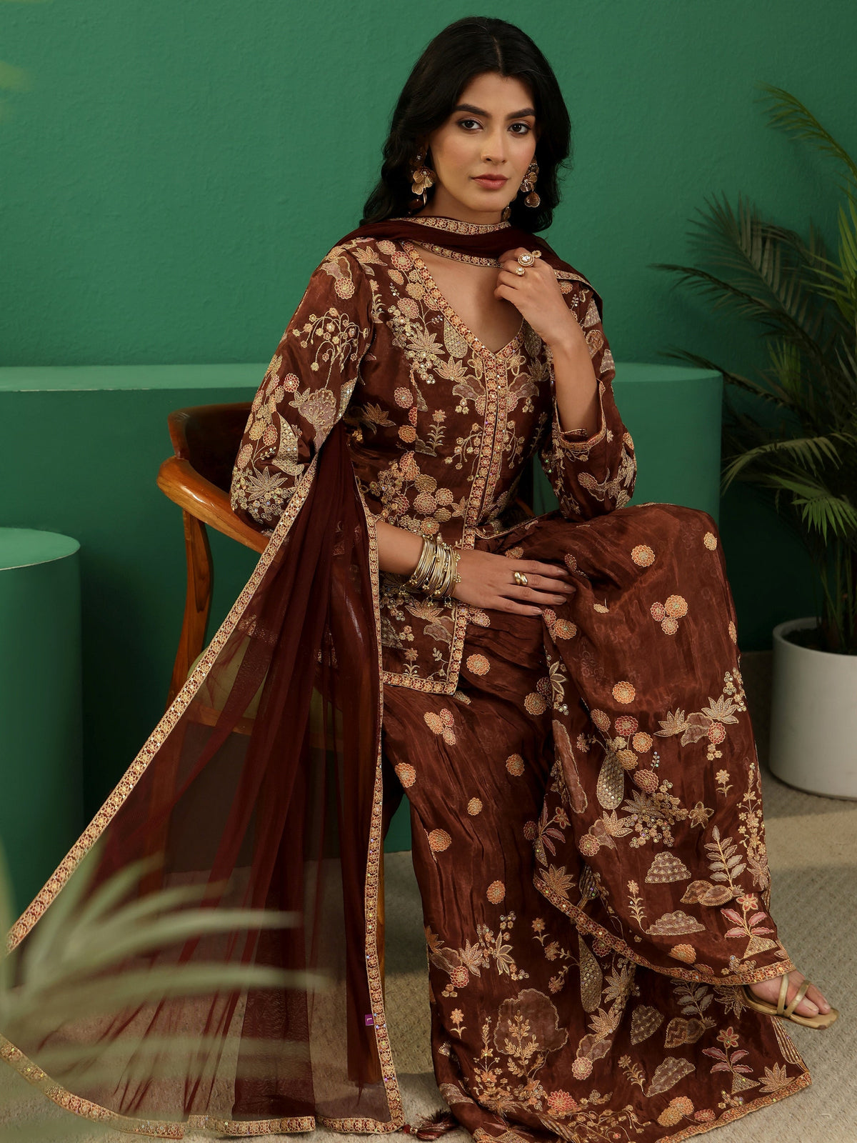Anouk Art Brown Floral Embroidered Silk Blend Sharara Suit Set