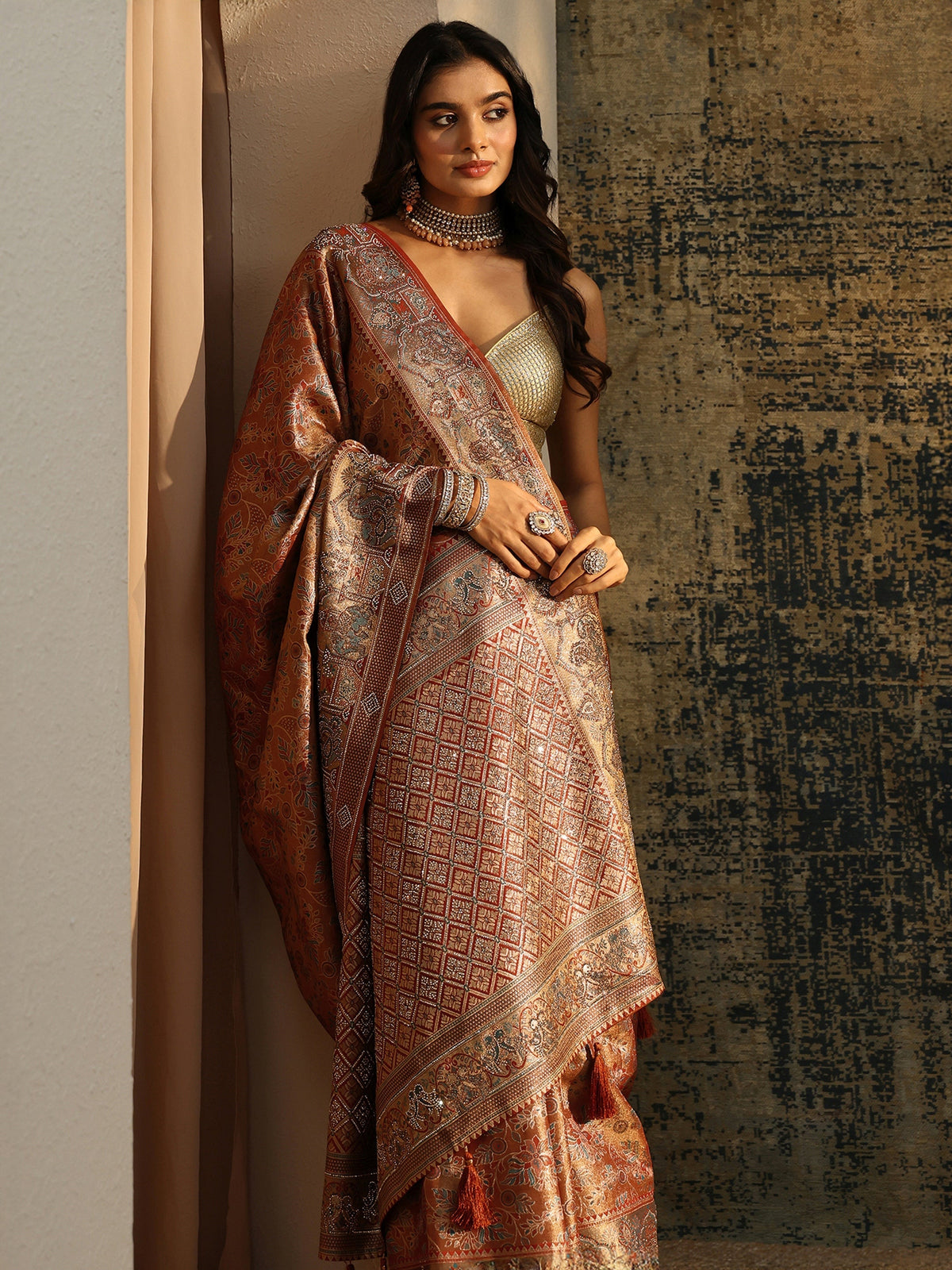 Anouk Art Brown Jamawar Woven Silk Blend Saree