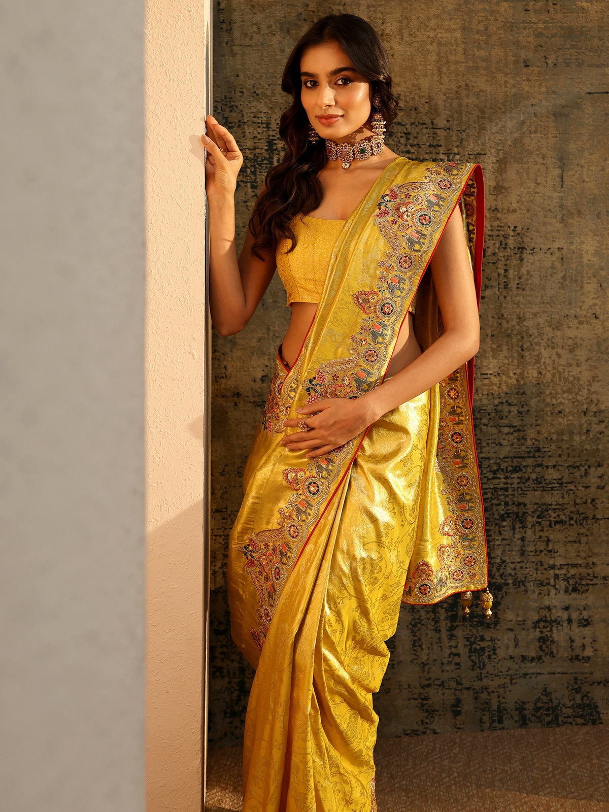 Anouk Art Chartreuse Green Woven Silk Blend Saree with Embellished Saree