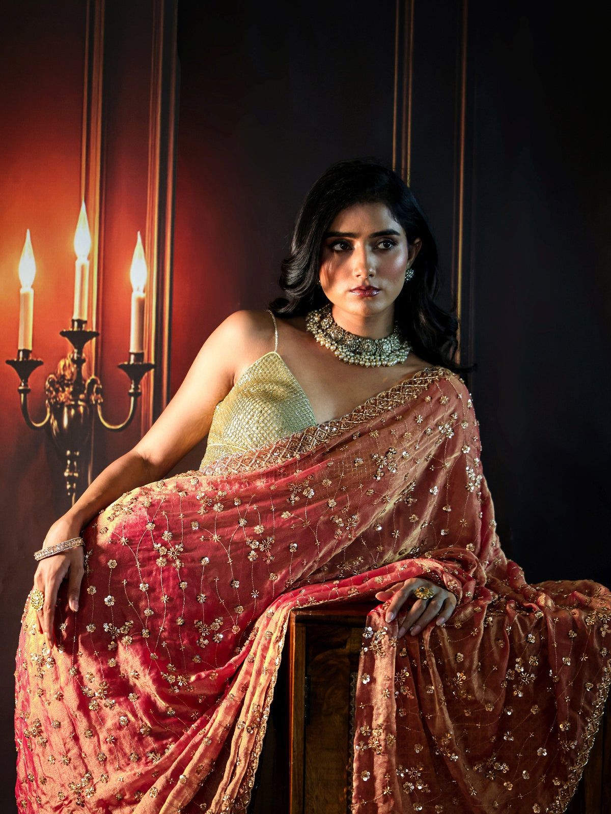 Anouk Art Coral Pink Embellished Tissue Saree