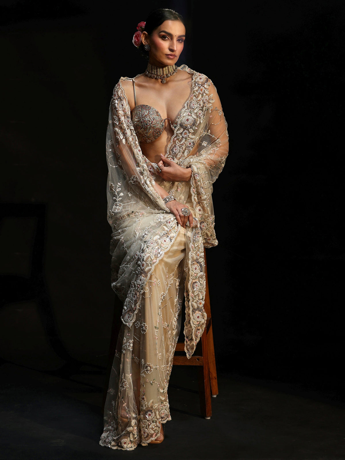 Anouk Art Cream Bead and Sequin Embellished Floral Net Saree
