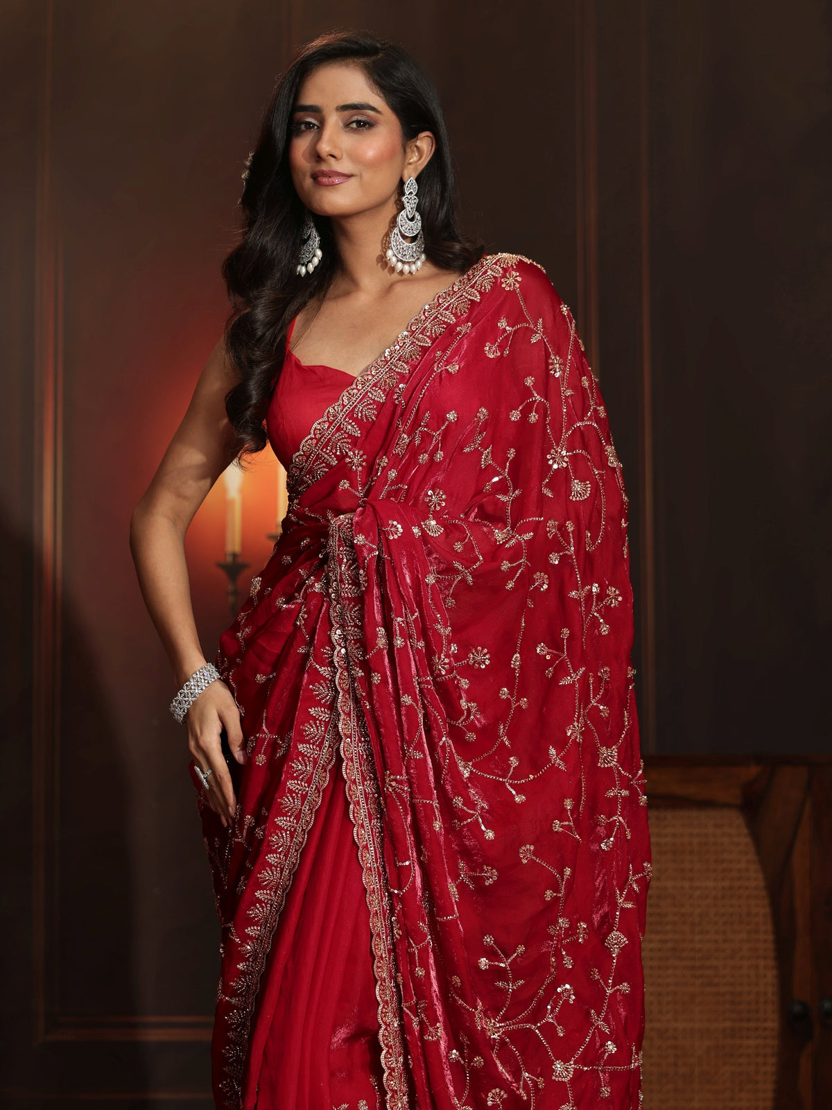 Anouk Art Crimson Red Floral Embellished Tissue Saree