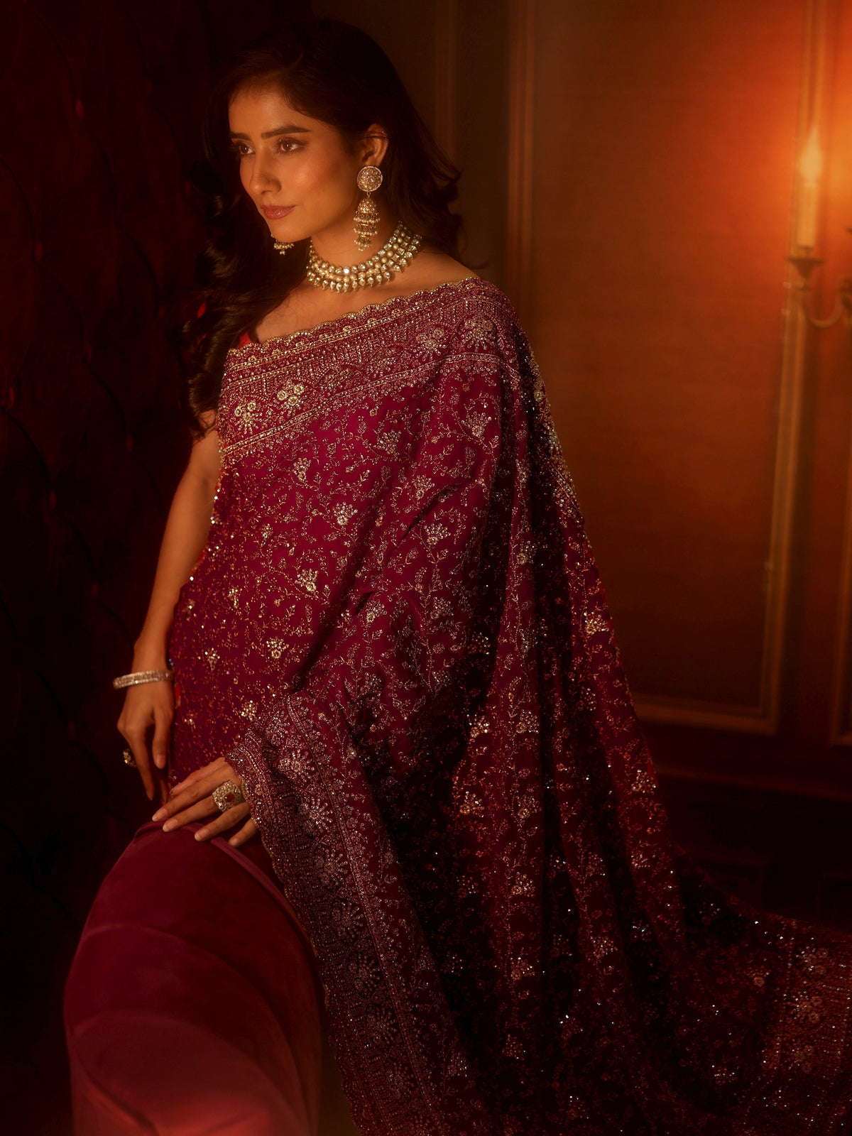 Anouk Art Deep Maroon Red Embroidered Georgette Saree