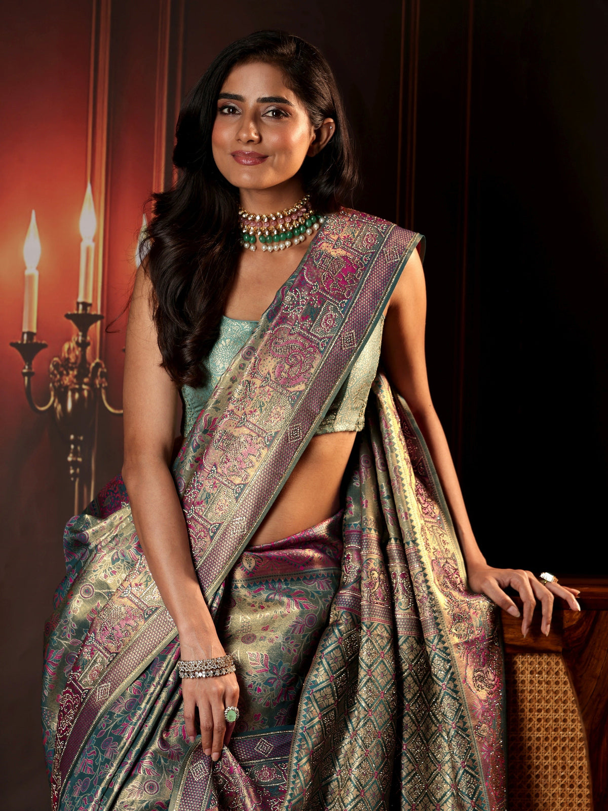 Anouk Art Deep Sage Green Floral Woven Design Silk Blend Saree