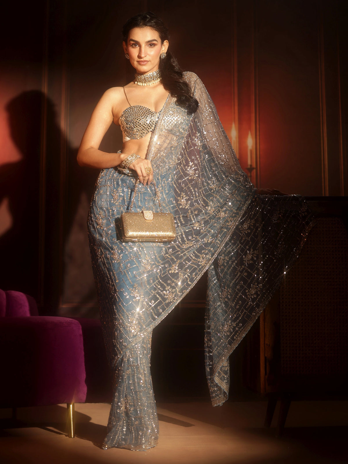Anouk Art Dusty Blue Embellished Net Saree