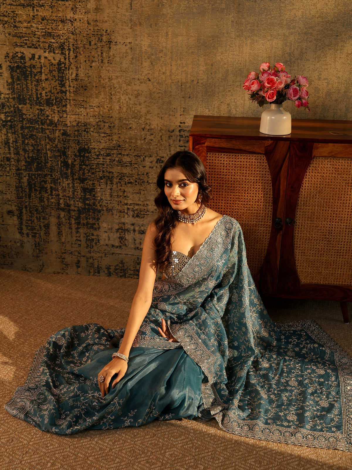 Anouk Art Dusty Blue Floral Embroidered Satin Saree
