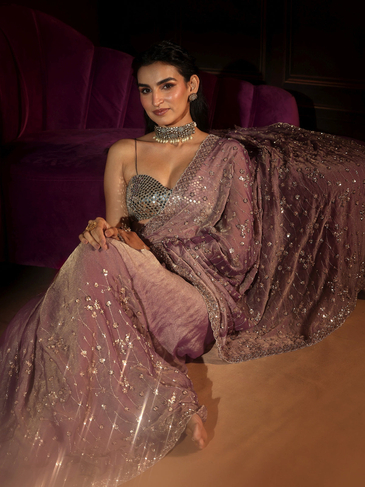 Anouk Art Dusty Lavender Embellished Tissue Saree