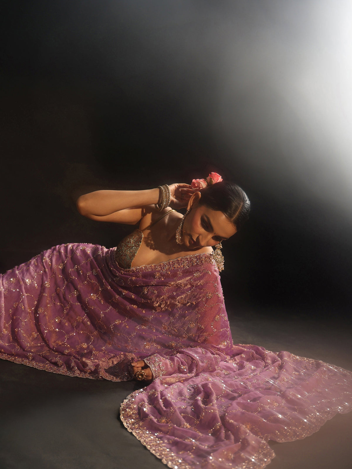 Anouk Art Dusty Lavender Sequins Embellished Tissue Saree